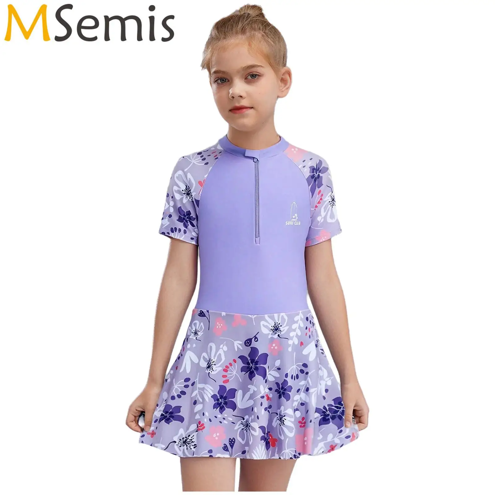 

Kids Girls One-Piece Swimsuit Swimming Bathing Suit Zipper Front Floral Printed Dress with Built-in Shorts Beach Swimwear