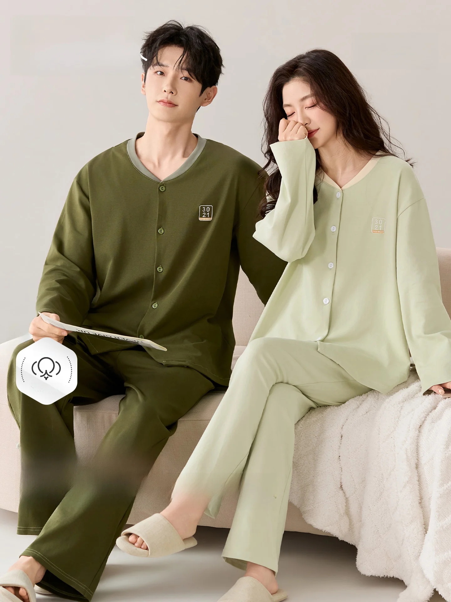 Couple's Pure Cotton Sleepwear Set Spring Summer Casual Loose Fit Men's Women's Home Clothes Long Sleeve V-Neck Button Front