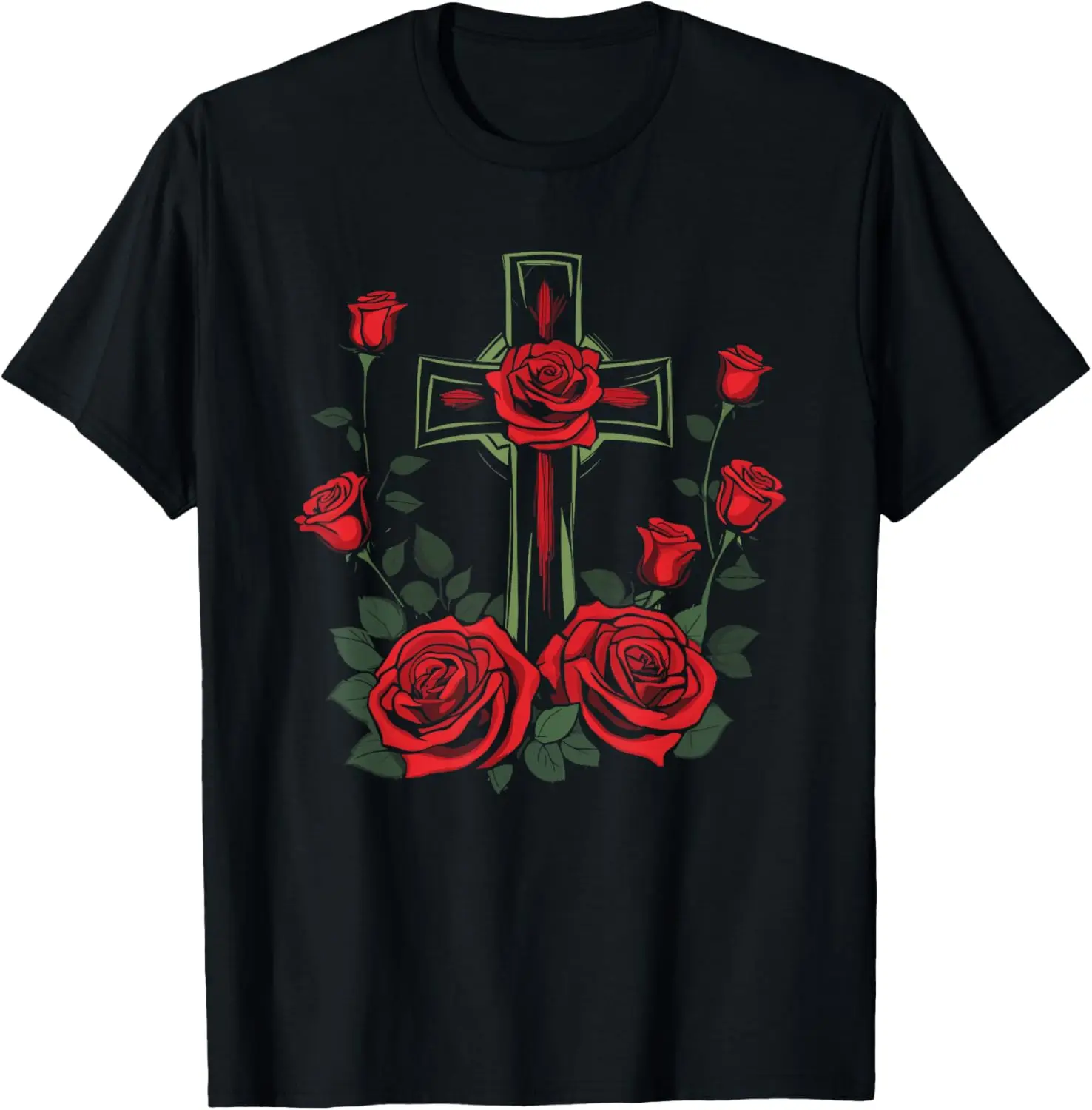 Red Rose Cross Floral - Flower Gothic Goth T-Shirt