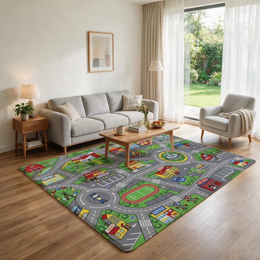 Educational Road Map Flannel Non-Slip Floor Mat Soft Plush Rug Water Absorbent Bathroom Rug Indoor Entryway Carpet Playroom