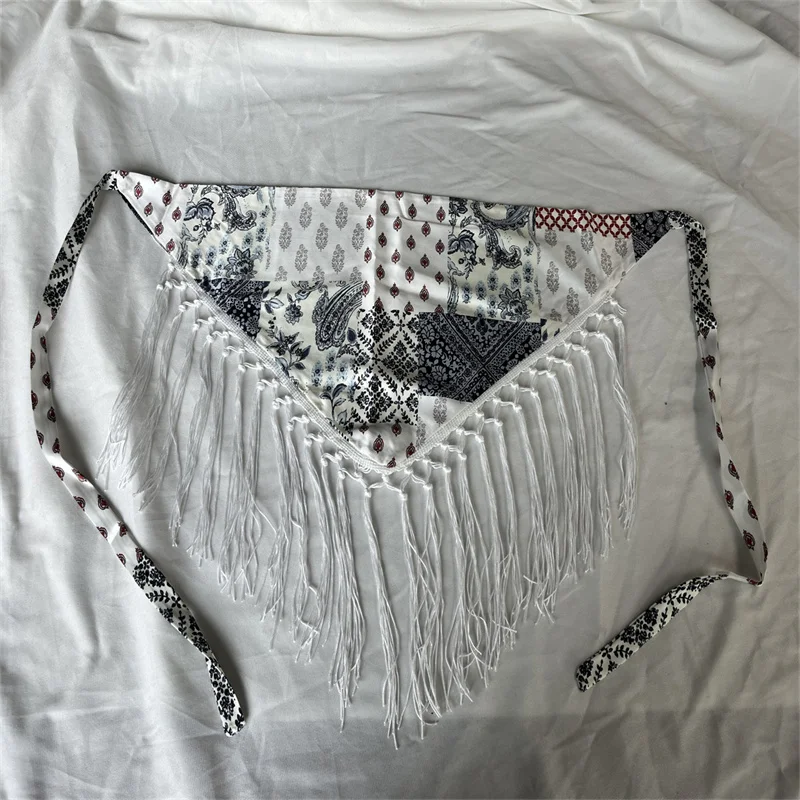 Lightweight Boho Triangle Shawl For Women Mixed Patchwork Floral Geometric Motif Hand Knotted Tassel Fringe Open Front Wrap