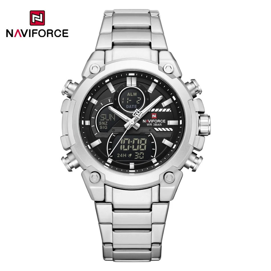 

NAVIFORCE Men's Alarm Countdown Timer Watch Multi-Functional Stainless Steel Band 3ATM Dual Display Time Watch Boy Sports Clock