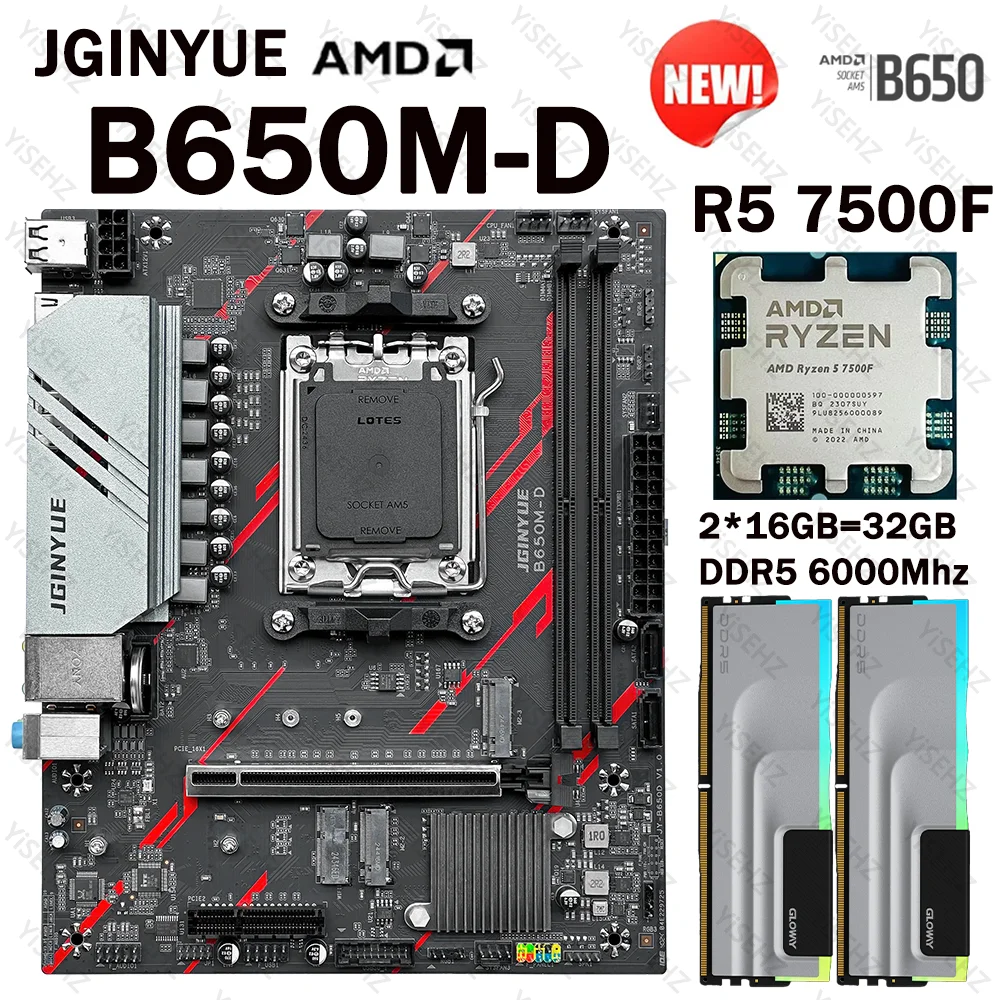 Placa base JGINYUE B650 procesadores AMD Ryzen 5 7500F AM5 2*16GB DDR5 RAM compatible con placa base M.2 NVME ARGB B650M-D Micro-ATX