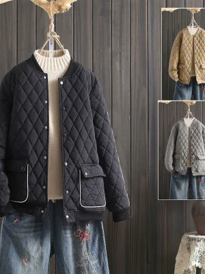 

Warmth Women's plus Size Winter Faion Artistic Retro Design Diamond Cotton Jaet Casual Loose Fit Long Sve Button up