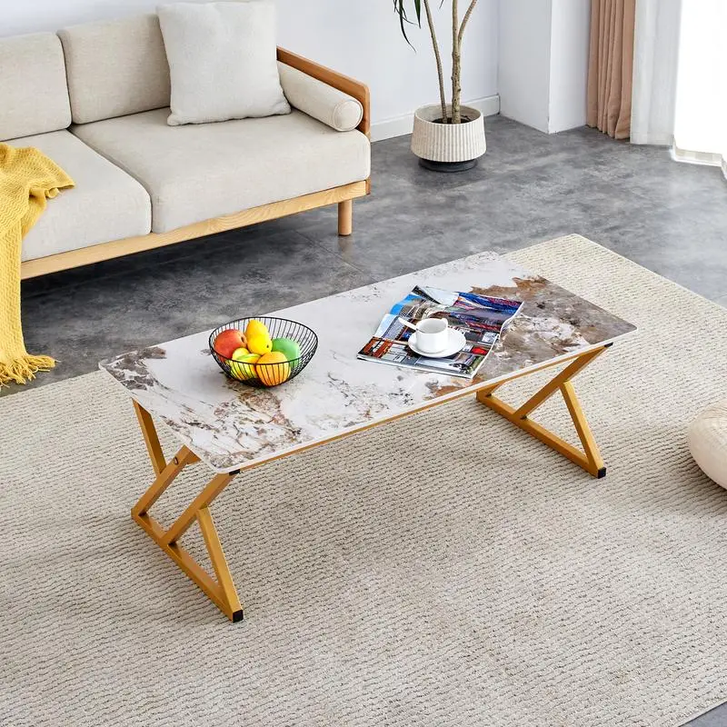 طاولة قهوة حديثة ذات بلاطة رخامية بأرجل معدنية ذهبية - لهجة أنيقة لغرفة المعيشة - 47 × 23.6 بوصة