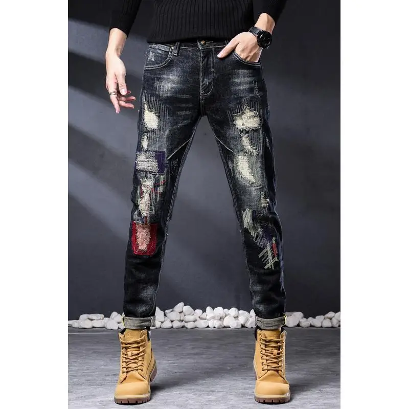 High-quality retro ripped jeans men's tide brand personality scratched patch elastic slim straight pants men's 2022 models jeans