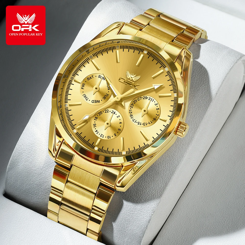 

OPK 6024, мужские часы, оригинальные новые модные брендовые кварцевые часы из нержавеющей стали, водонепроницаемые светящиеся часы с тремя маленькими циферблатами для мужчин