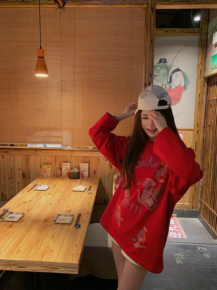 

Limited Time Cartoon Print Long Sve Women's T-irt Loose Fit Casual Sle Inner Wear Unique Design Spring Autumn Trendy Top