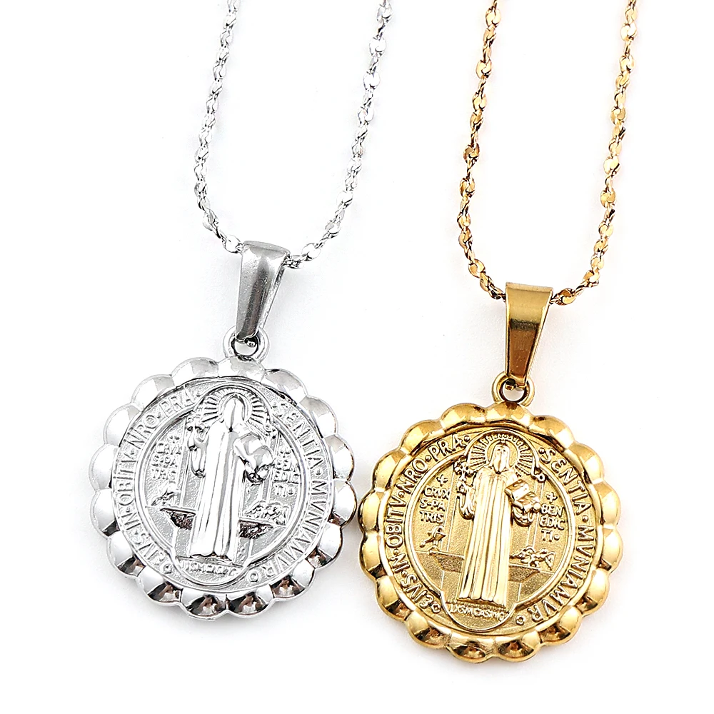 Catholic Saint Benedict Cross Medal Pendant Necklace for Women Men Stainless Steel Rhinestones San Benito Cuban Chain Jewelry