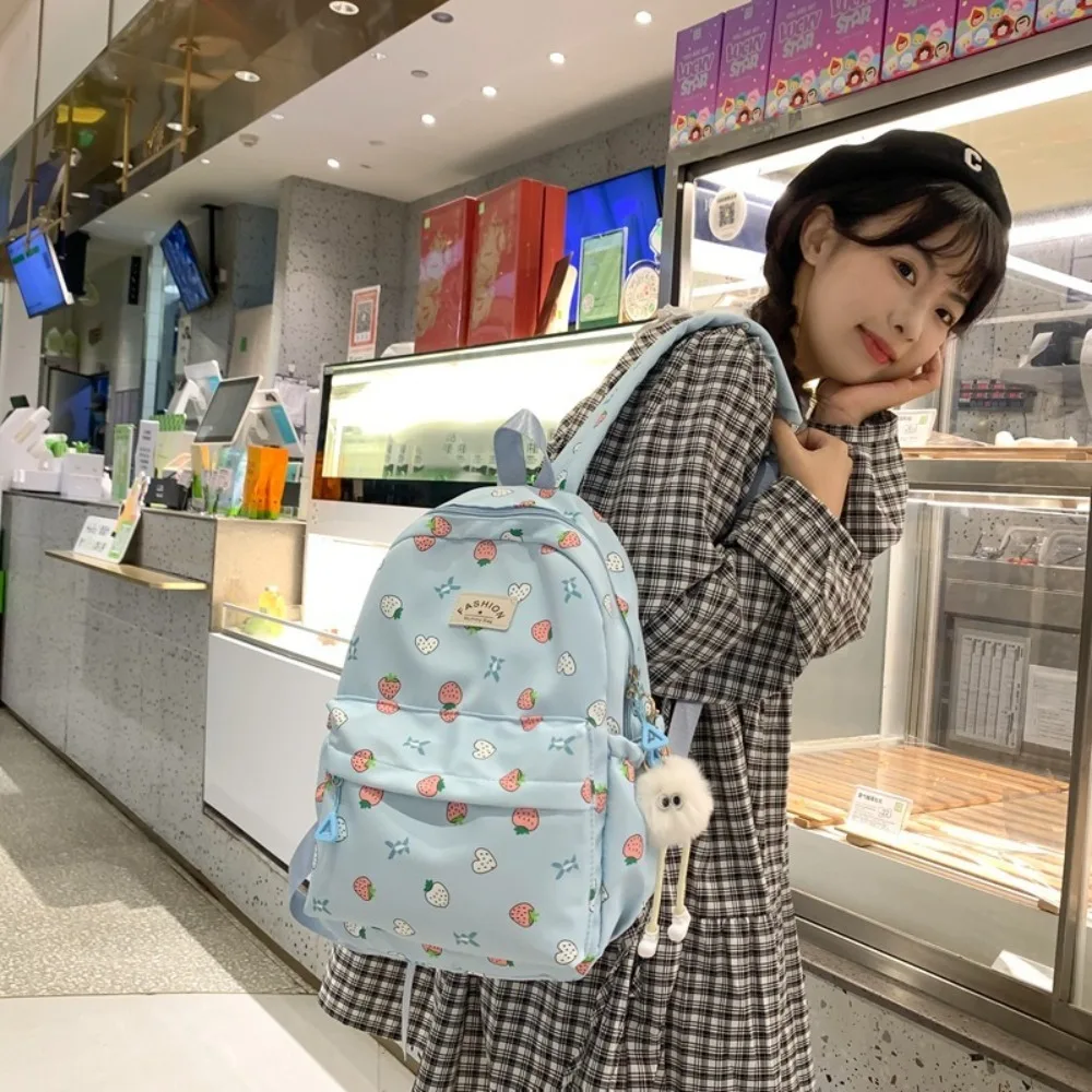 

Fashion Strawberry Print Shoulder Bag Large Capacity Nylon Travel Rucksack Waterproof Women's Backpack Travel