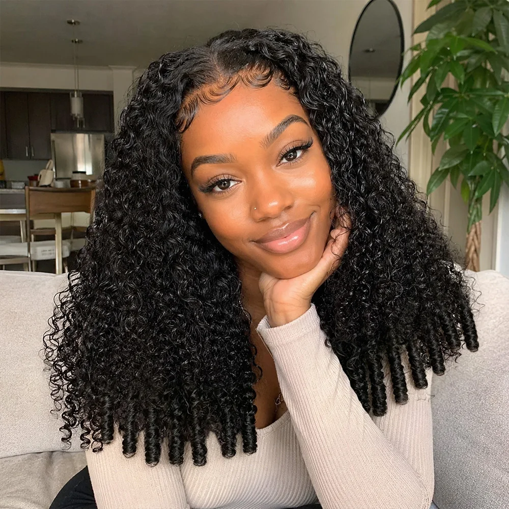 

Burmese Curly Half Wig Human Hair Glueless 3 IN 1 Half Wig Drawstring Clip Ins Flip Over Curly Wig For Women Daily Soft Hair