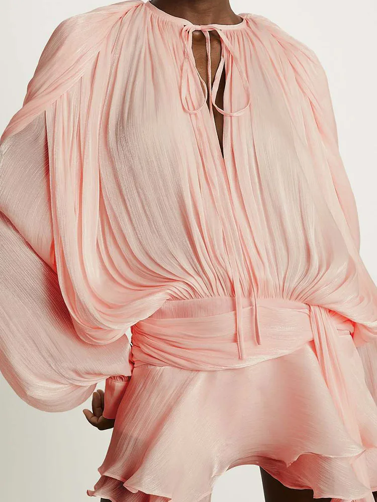 

Elegant Lace-Up Solid Party Set Women's Elegant Textured Pleat Skirt Outfits Casual O-neck Long Sleeve Top with Mini Skirt Suit