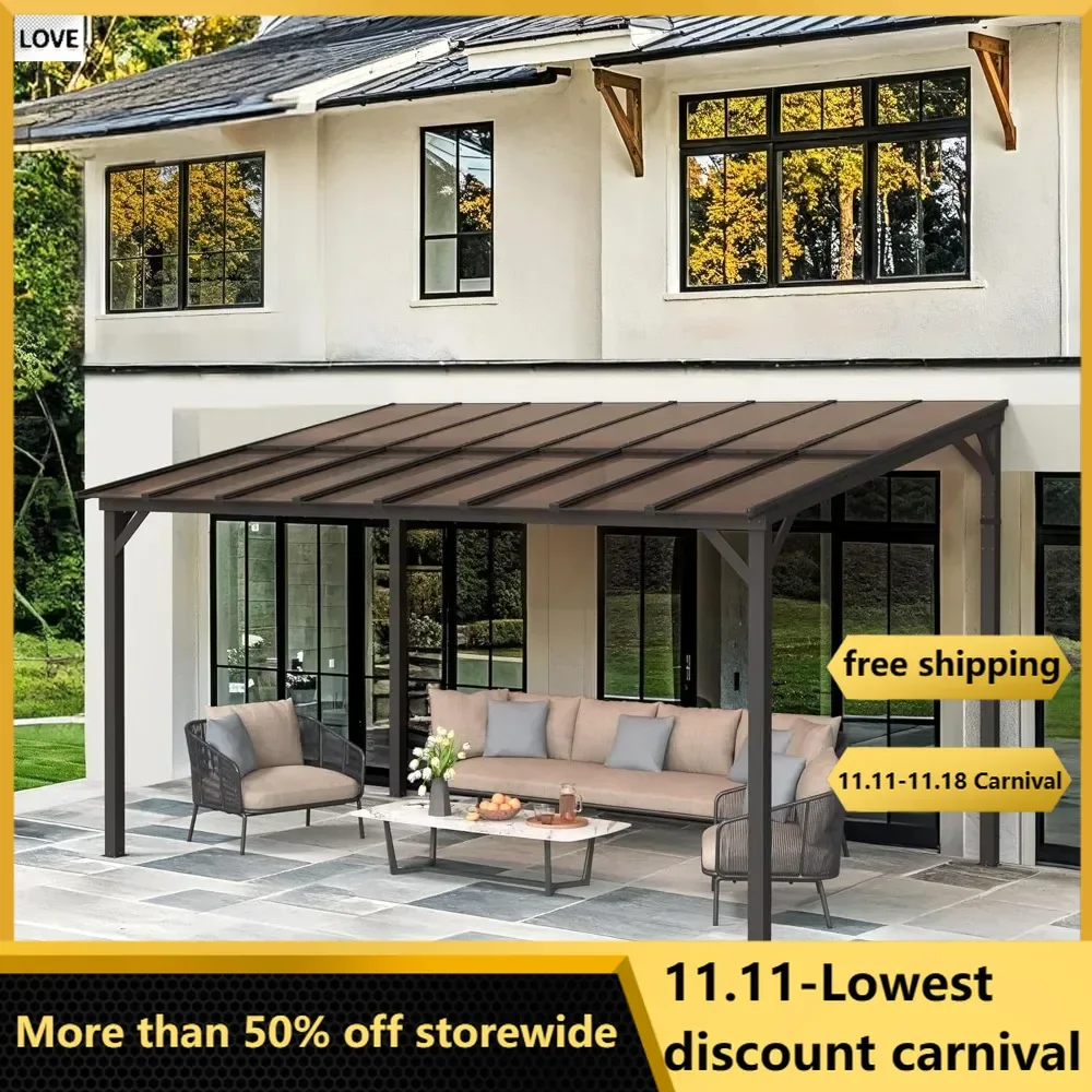 14' X 10' Hardtop Gazebo, Lean To Pergola Gazebos with Metal Frame, Patio Pavilion with Roof, Outdoor Wall Mount Gazebo