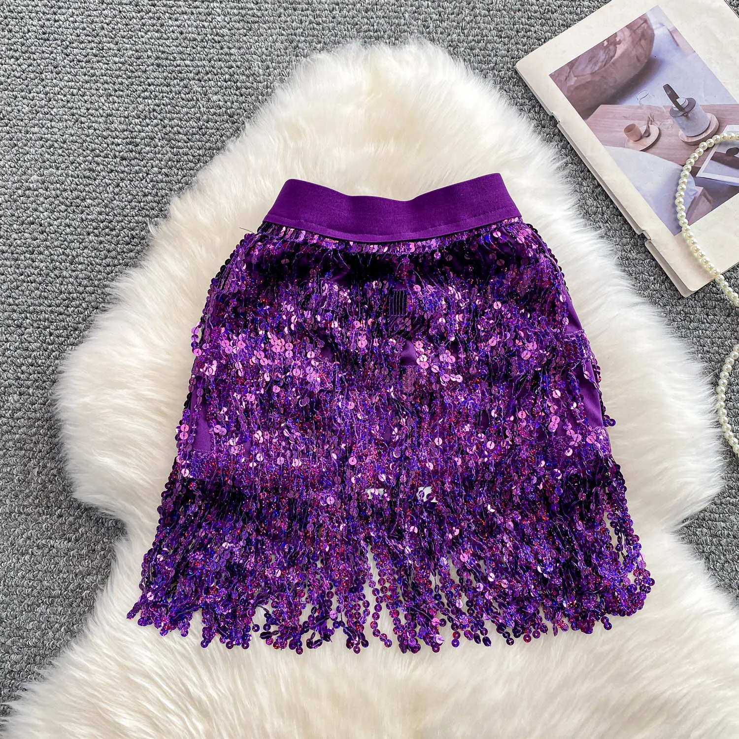 

Women tassel sequin High Waist Sexy Slit Skirt Party Fashion Vintage Luxury Skirts Goth Spring Clothing