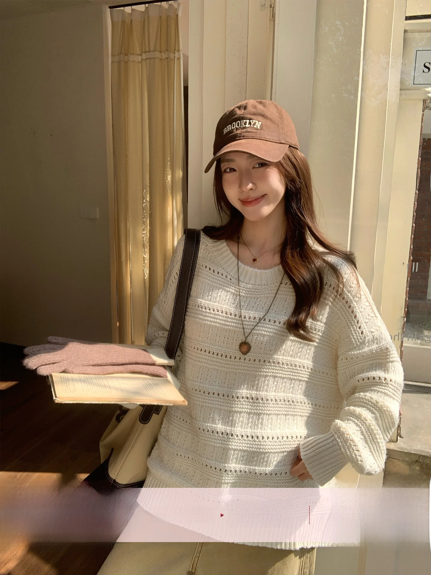 

Женский вязаный свитер Morning Bloom Lazy Sle Simple Beige с длинными рукавами, свободного кроя, с ажурной вязкой, мягкий, в корейском стиле, свободный крой