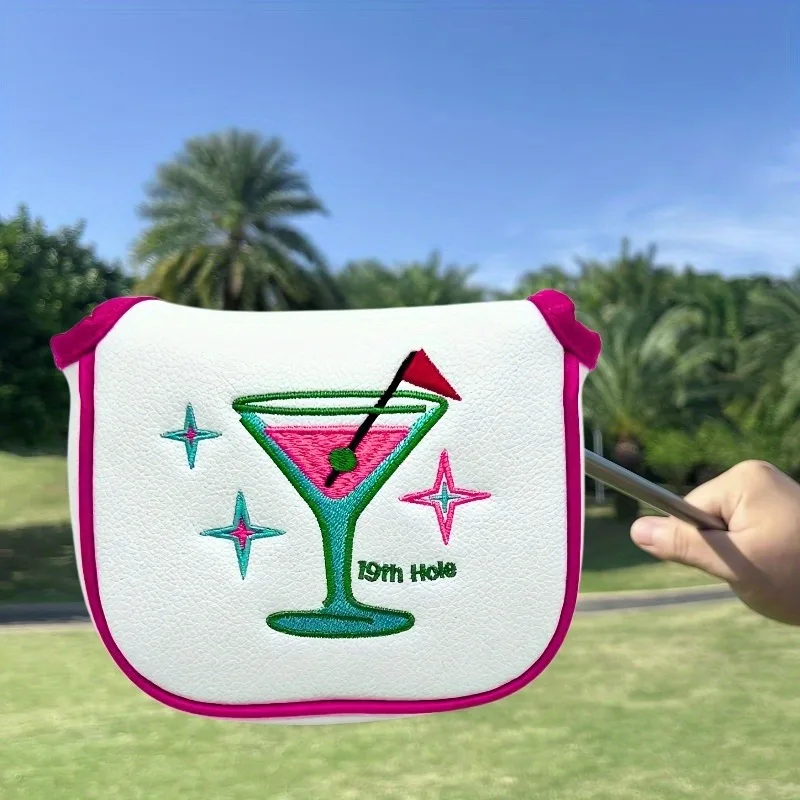 レディース ゴルフ パター ヘッドカバー - エレガントなマルティーニ グラス、星、そして「19th Hole」のデザイン - 蛍光ピンク