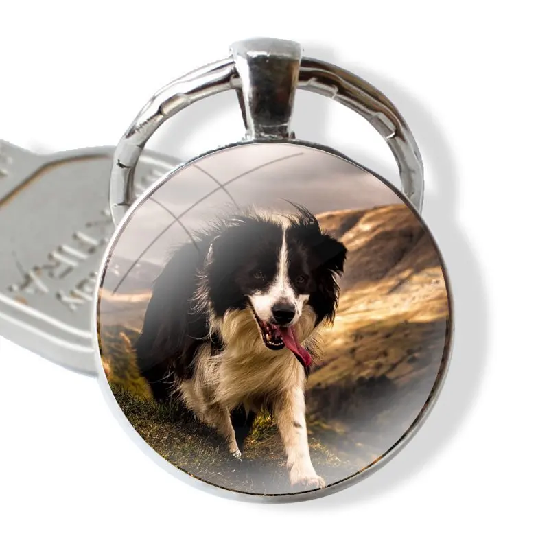 border collie dog Keychain Handmade Glass Cabochon Key Ring Holder Pendant Key Chains