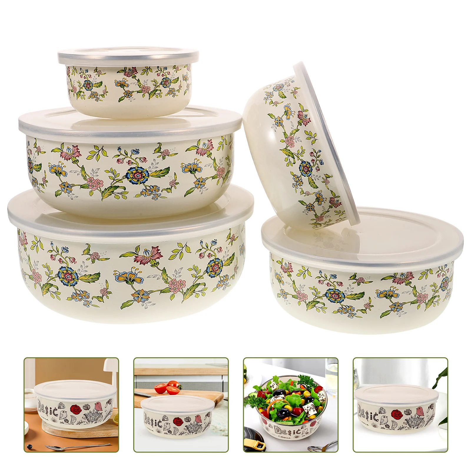 

5 Pcs Enamel Bowl Salad Serving Kitchen Bowls with Lids Food Large Storage Mixing for