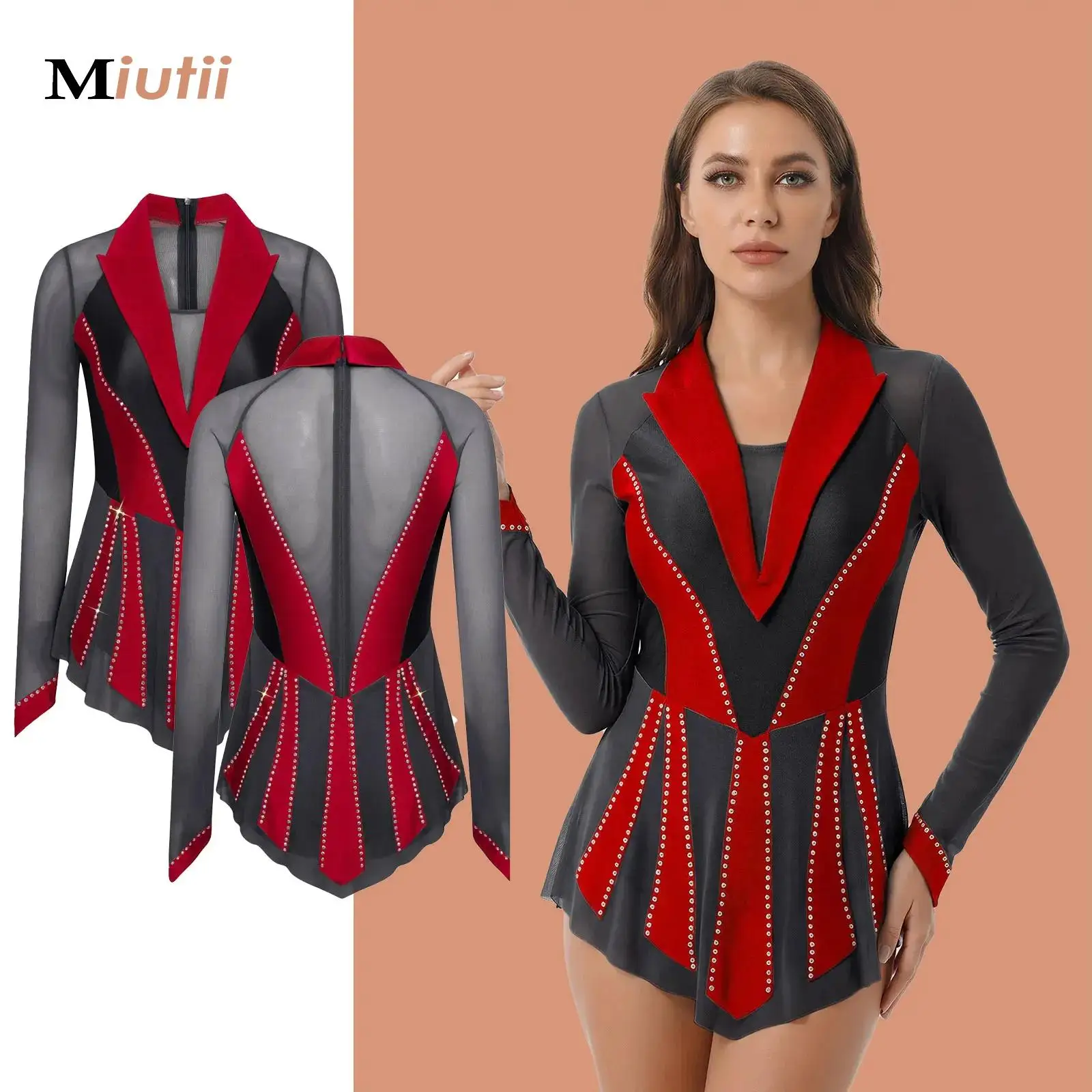 

Womens Artistic Figure Skating Ballet Lyrical Dance Leotards Gymnastics Dress Rhinestones Built -In Crotch Buttons Briefs Dress