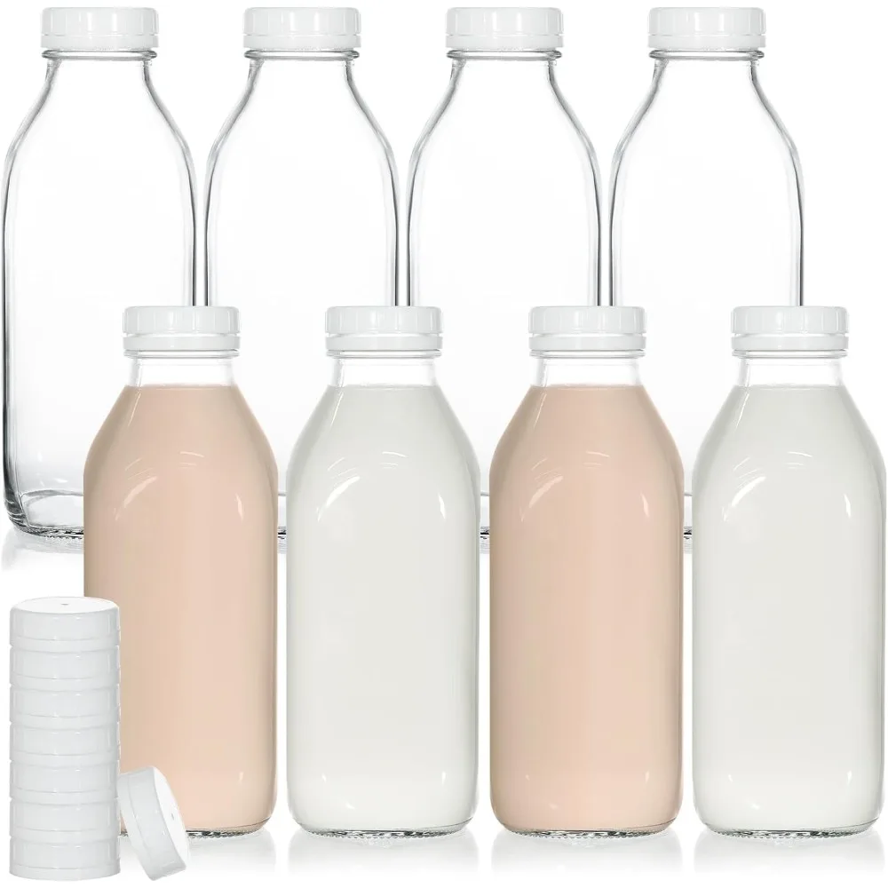 

8 Pack 32oz Glass Milk Bottles with Airtight Lids – Reusable, Leak-proof Containers – Dishwasher Safe, Food Grade Glass Bottles