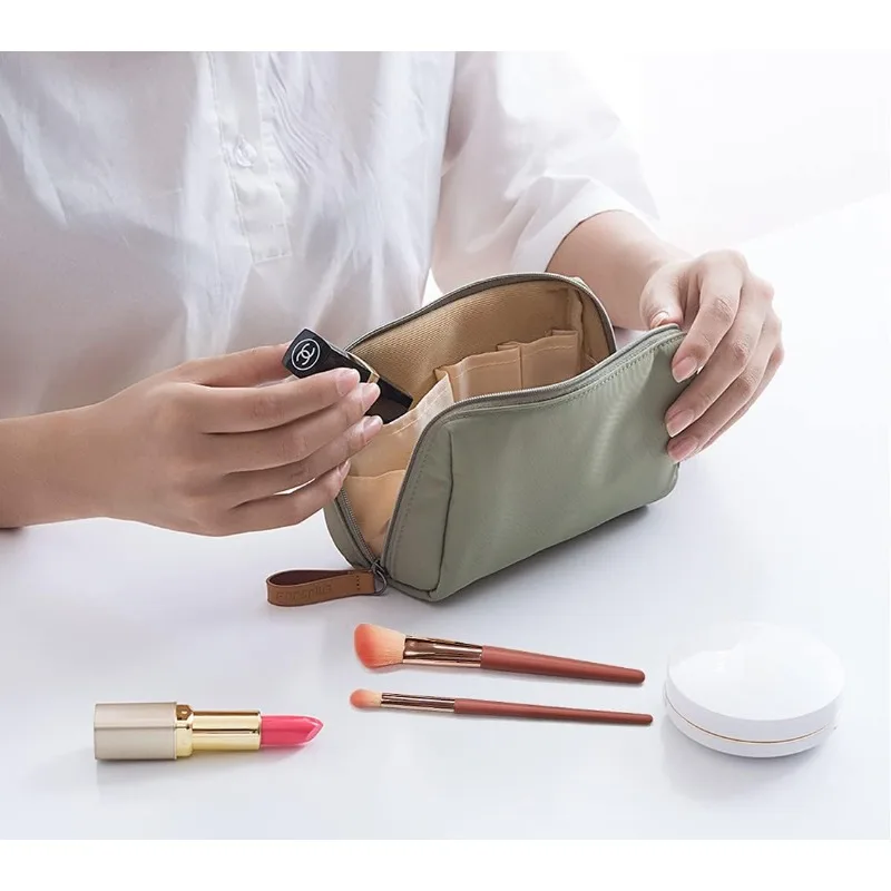 Double Zipper Cosmetic Bag with Golden Hardware, Spacious Travel Makeup Pouch Toiletry Case