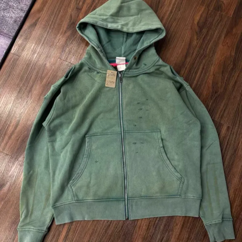 Vintage Distressed Washed Worn Fading Green Blank Zipper Hoodie Winter Saint Jackets Hiphop Street Oversize Hoodys Men Women
