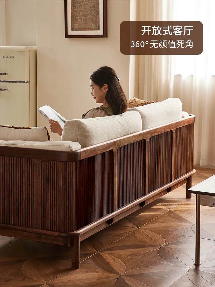 

North American black walnut sofa three-person fabric living room antique solid wood sofa can be disassembled and washed