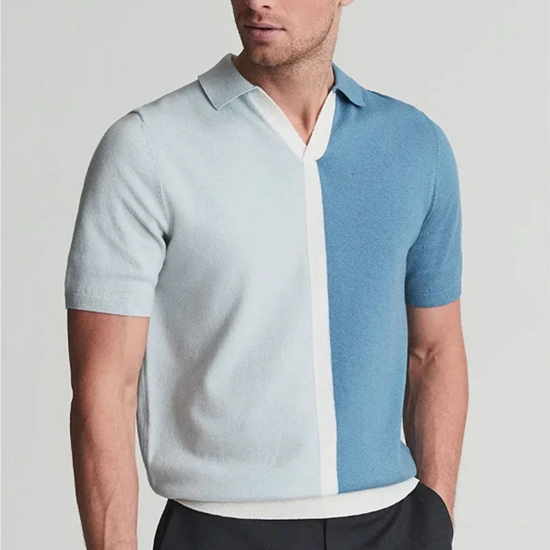 

Vintage Slim Fit Breathable Knit Polo Shirts Men Fashion Contrast Color Patchwork Knitted Tops For Mens Casual Short Sleeve Polo