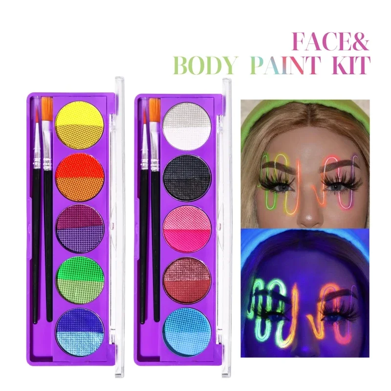 UV 페이스 바디 페인트 형광 메이크업 팔레트 물 활성화 아이 라이너 클럽 파티 2pcs 메이크업 브러쉬 할로윈 Maquiagems
