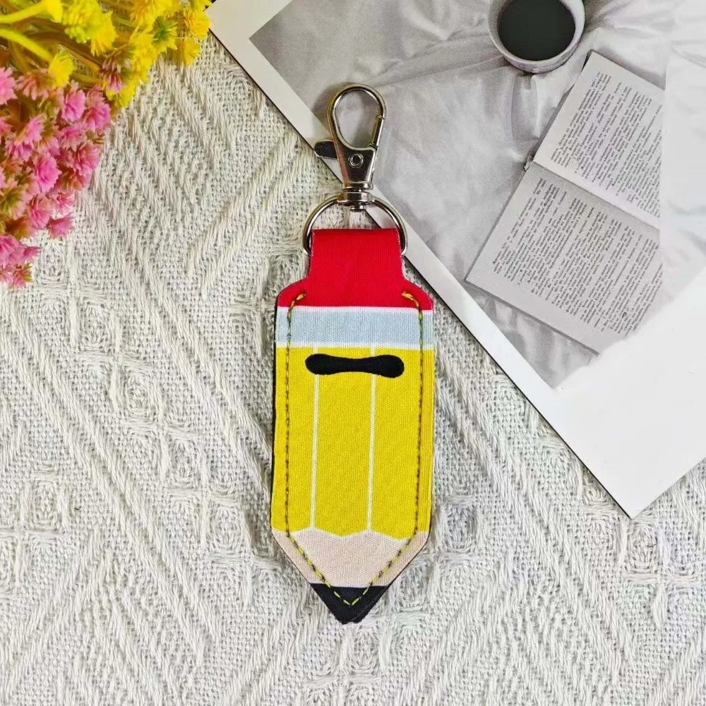 Pencil Shape Chapstick Key Chain Pouch PU Leather Metal Lip Salve Sleeve Pendant Compact Size Elastic Slot Pencil Shape Key Ring