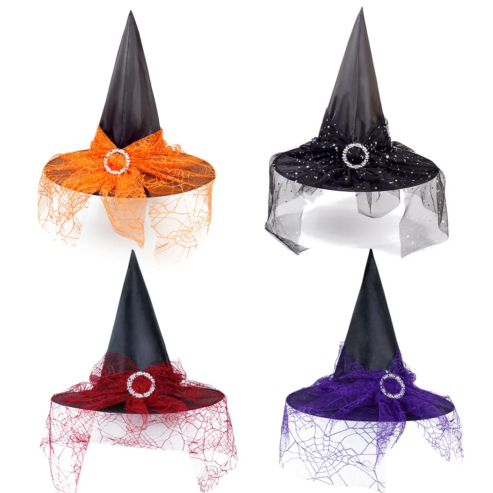 Sombrero de Halloween, accesorios de decoración de bruja, Cosplay para adultos y niños, tocado de malla de bruja, sombrero mágico