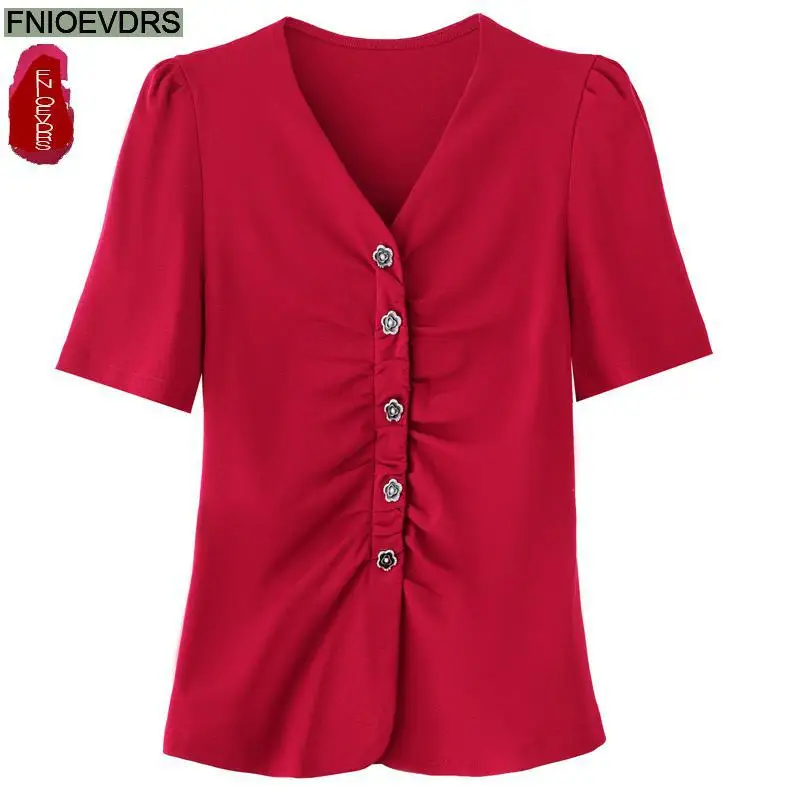 S-3XL 2023 Women Summer Short Sleeve Elegant Office Lady Work Button Shirt Casual Slim Wine Red Black White Short Tops Blouses