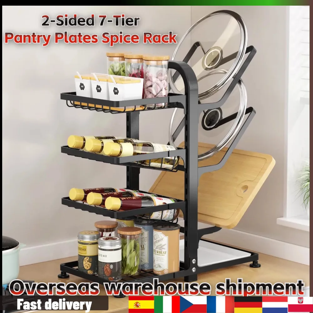 Pot Cover Rack Carbon Steel 2-Sided 7-Tier Pantry Plates Spice Rack for Cabinet Multi-Tier Pot Lid Organizer