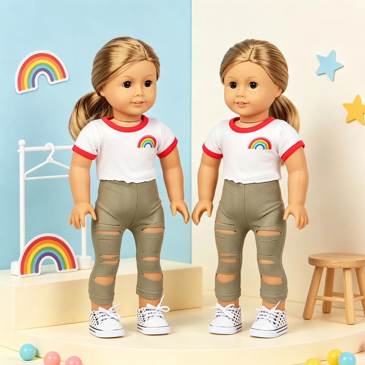 Rainbow Contrast T-shirt Ripped Pants Doll Clothes Set  Polka Dot Canvas Sneakers Accessories for 18