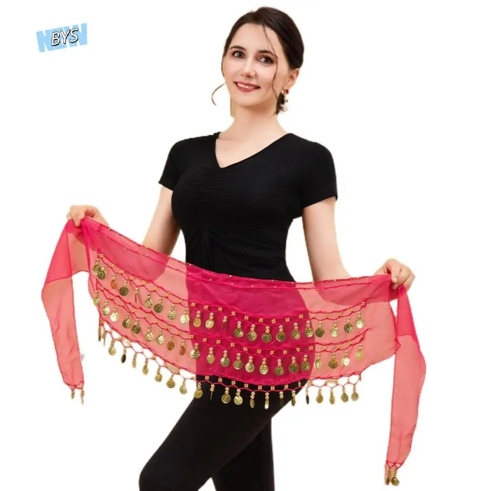 

Gold Color Coins Belly Dance Hip Scarf Adjustable Chiffon Material Hip Scarf Wrap Three Layers Comfortable Fit