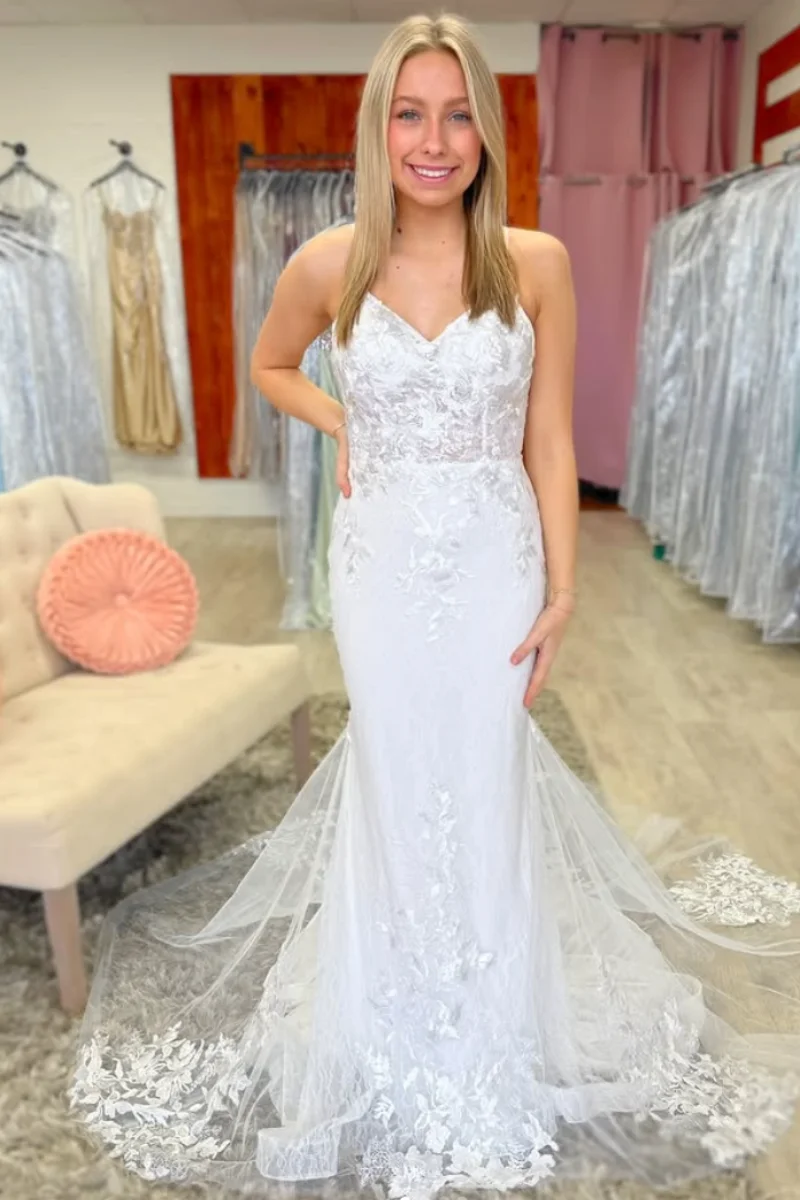 Jessica Gorgeous White Evening Dresses Tulle Lace Embroidery Prom Dresses Backless Train Fitted Women Party Dresses