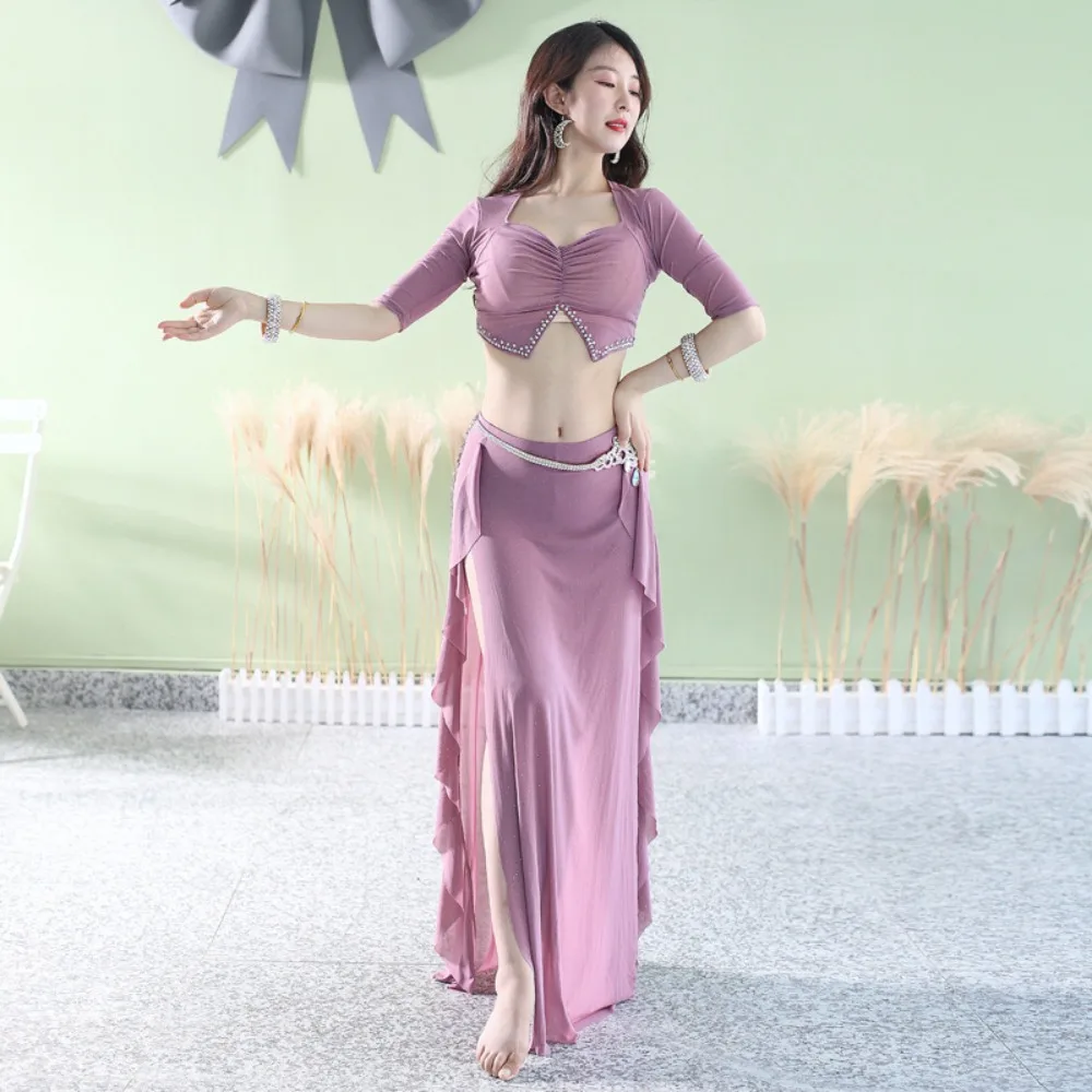 2025 여름 벨리댄스 연습복 세트 - 워터 거즈 2-in-1 의상 (오리엔탈 댄스 트레이닝 & 공연용)