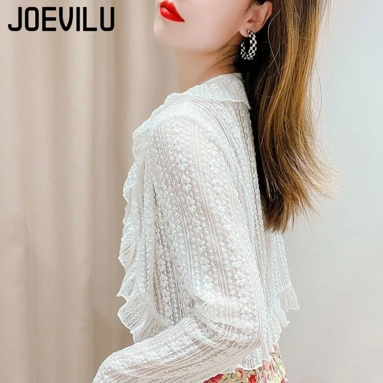 JOEVILU Y2K Korean Fashion Women's Lace Up Floral Cardigan Summer Sun Protection Cover Up Blouse White Chic Shirts Ladies Tops