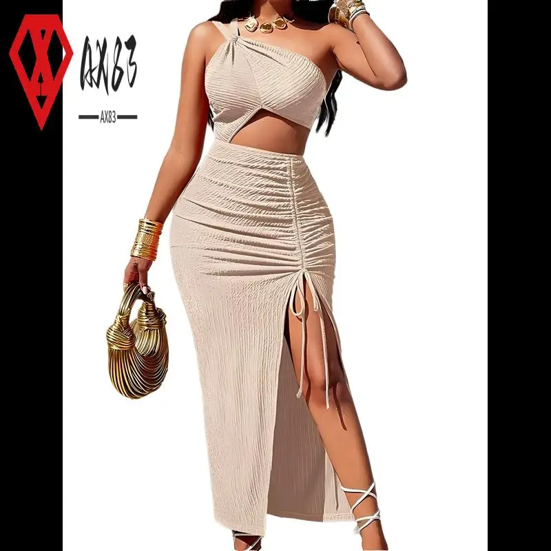

AX83-Women's Sexy Sleeveless One Shoulder Bodycon Split Lace Up Solid Cocktail Party Dress