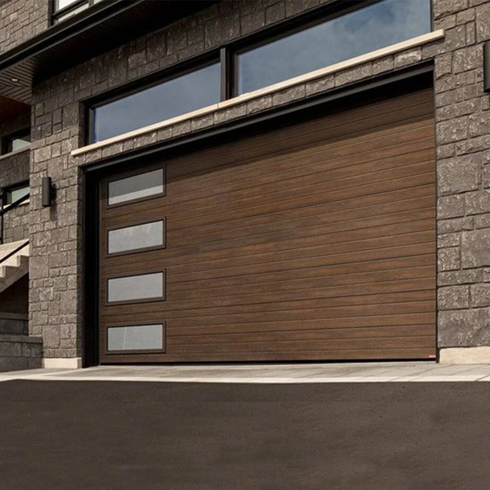 Woodgrain Garage Door With Electric Motor Entrance Entry Front Bi-Fold Doors Aluminum Alloy Profile Glass Custom Home Decor