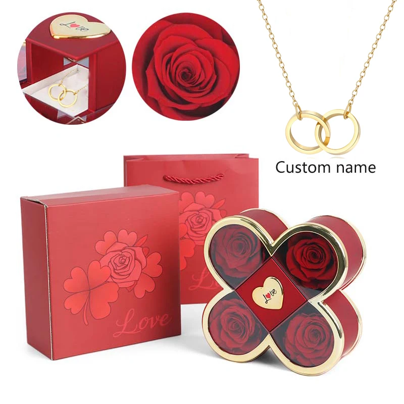 4-Leaf Clover Eternal Roses Jewelry Box Custom Name Necklace Romantic Anniversary Valentine's Day Mother's Day Gift for Her Wife