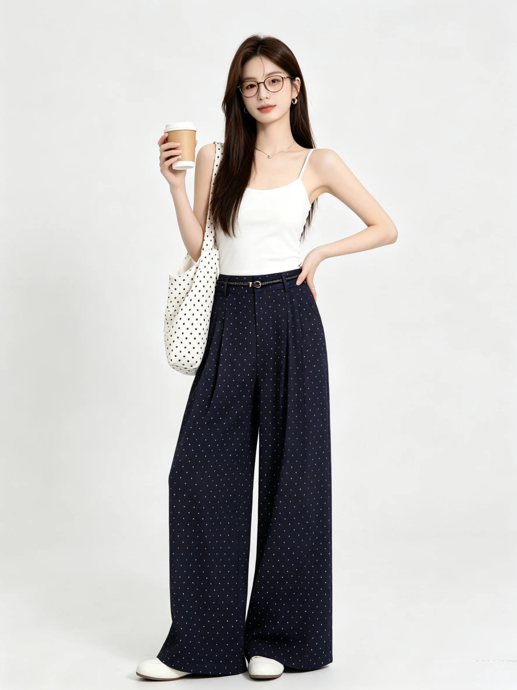 

Ladies Casual Polka Dot Wide Leg Pants Draping Comfortable Skin-friendly Summer Breathable Loose Fit High Waist Zipper Closure