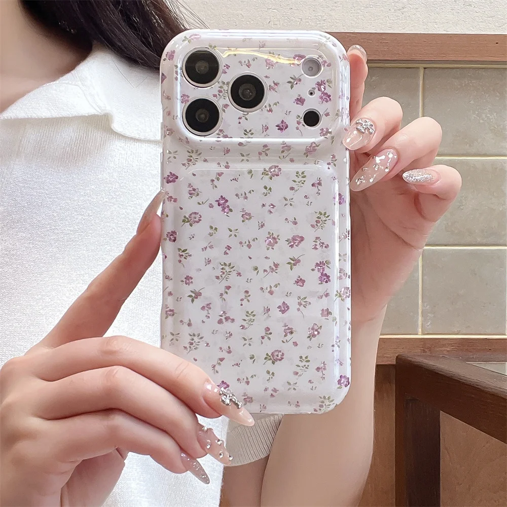 White Base Purple Tiny Floral Phone Case For iPhone 15 16 17 Pro Max Vintage Mini Flower Print Glossy Big Shockproof Hard Cover