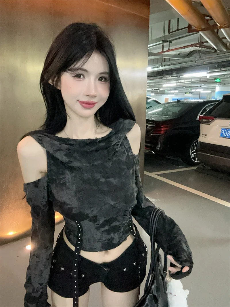 

Gothic Punk Tie Dye Hooded Long Sleeved T-shirt For Women Summer, American Off Shoulder Ripped Top