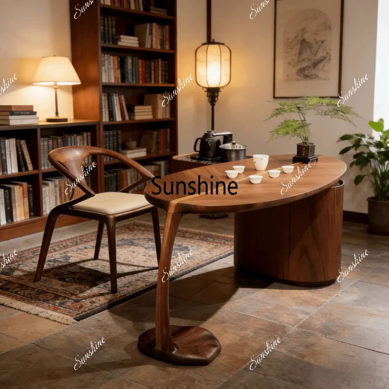 

New Chinese style, solid wood living room, special-shaped tea table business meeting Zen, combination
