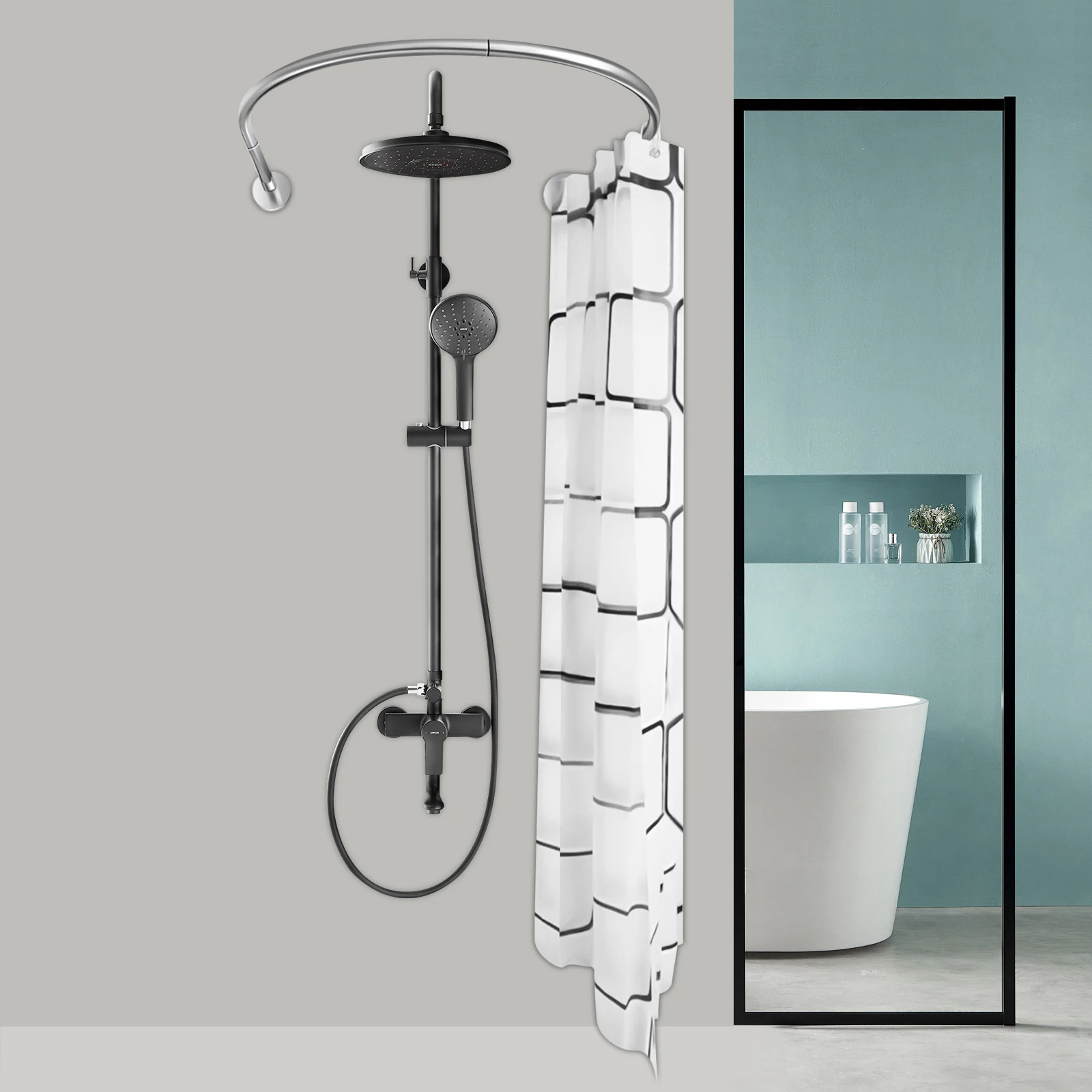 

Комплект белых квадратных занавесок для душа с дверной занавеской с полукруглым кронштейном, используемый в ванной и примерочной