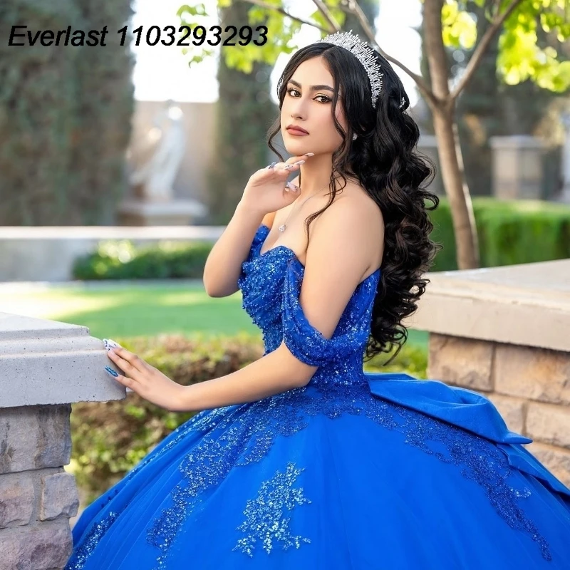 EVLAST Customized Mexican Royal Blue Sequins Quinceanera Dress Ball Gown Beaded Applique Bow Sweet 16 Vestido De 15 Anos E1Q51