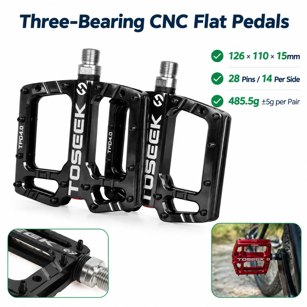 TOSEEK  Bicycle Pedals MTB Road Flat Platform Pedals 14 Pins Per Side Three Bearing 485.5g Pair