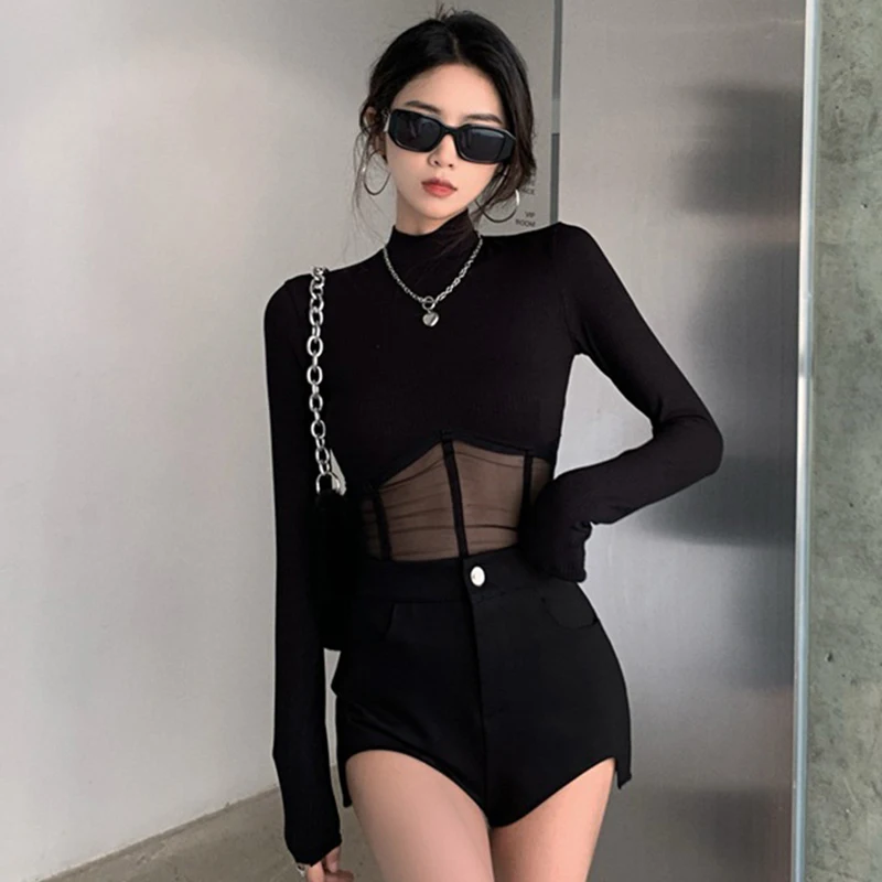 Xingqing Black Top y2k Clothing Women Solid Color Skinny Turtleneck Long Sleeve Mesh Patchwork T Shirt Spring Autumn Clothes