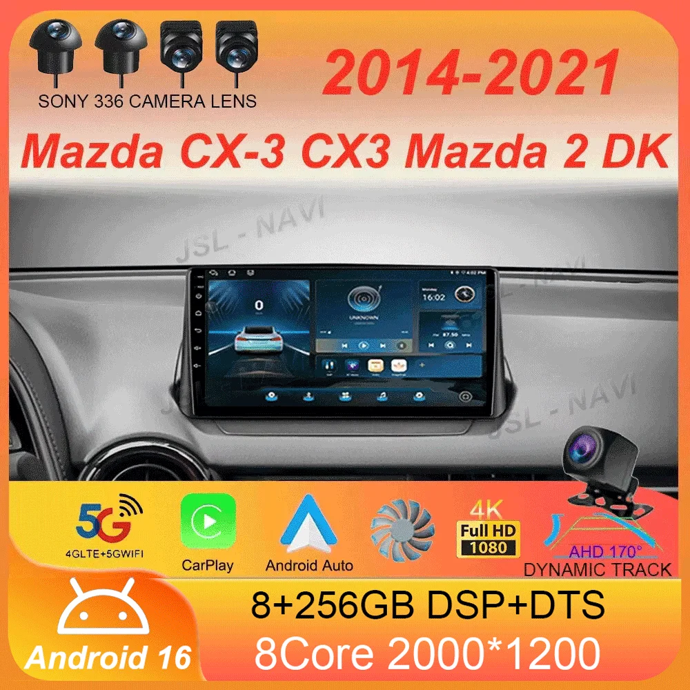 Radio para coche Android 16 para Mazda CX-3 CX3 Mazda 2 DK 2014 - 2021 Reproductor multimedia de vídeo QLED GPS Navegación Inalámbrica Carplay Auto